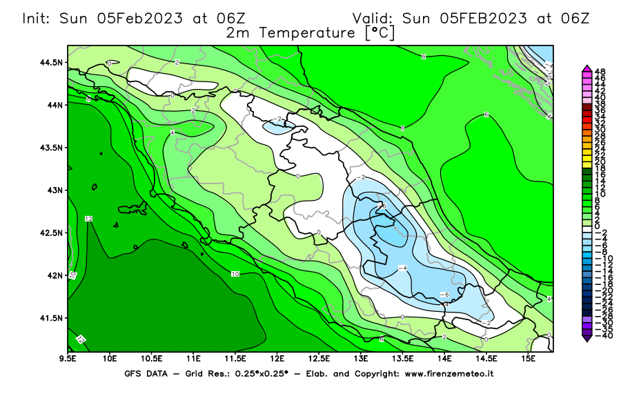 Mappa di analisi GFS - Temperatura a 2 metri dal suolo [°C] in Centro-Italia
							del 05/02/2023 06 <!--googleoff: index-->UTC<!--googleon: index-->