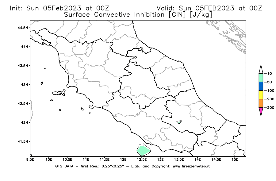 Mappa di analisi GFS - CIN [J/kg] in Centro-Italia
							del 05/02/2023 00 <!--googleoff: index-->UTC<!--googleon: index-->