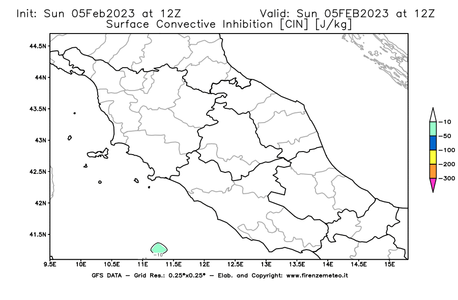 Mappa di analisi GFS - CIN [J/kg] in Centro-Italia
							del 05/02/2023 12 <!--googleoff: index-->UTC<!--googleon: index-->