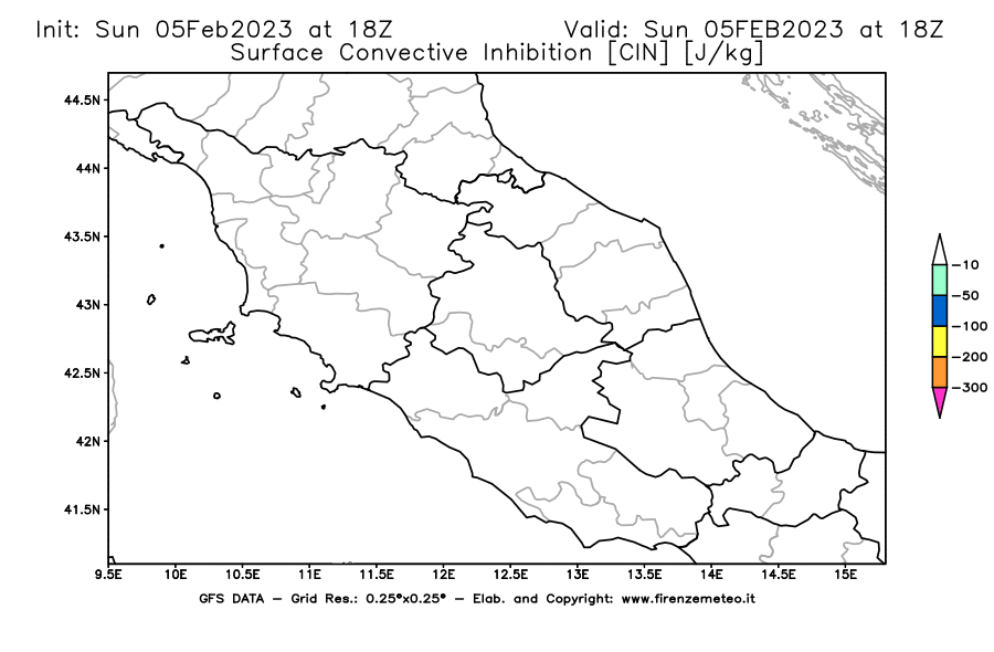 Mappa di analisi GFS - CIN [J/kg] in Centro-Italia
							del 05/02/2023 18 <!--googleoff: index-->UTC<!--googleon: index-->