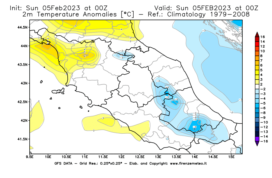 Mappa di analisi GFS - Anomalia Temperatura [°C] a 2 m in Centro-Italia
							del 05/02/2023 00 <!--googleoff: index-->UTC<!--googleon: index-->
