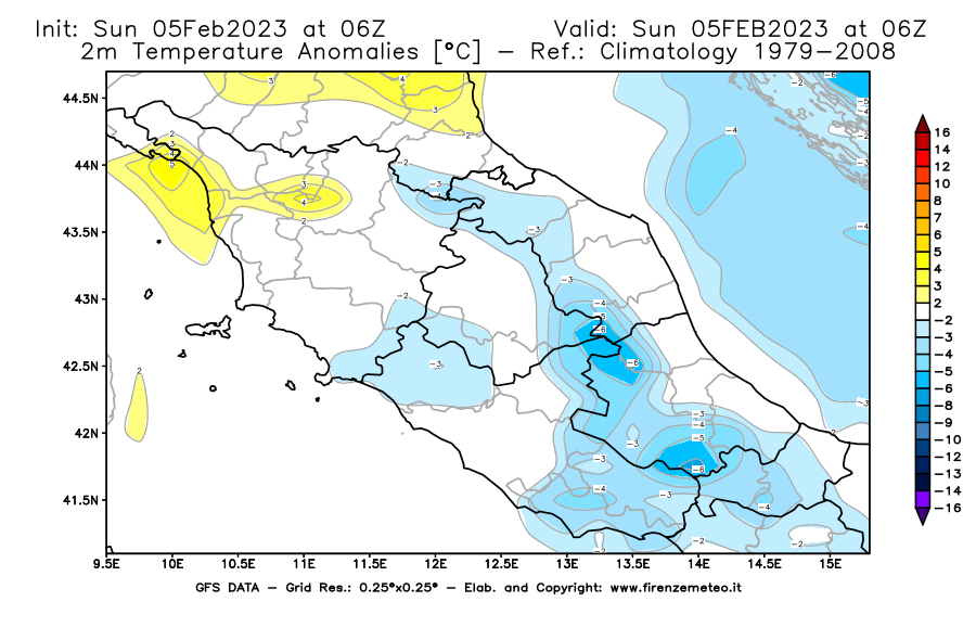 Mappa di analisi GFS - Anomalia Temperatura [°C] a 2 m in Centro-Italia
							del 05/02/2023 06 <!--googleoff: index-->UTC<!--googleon: index-->