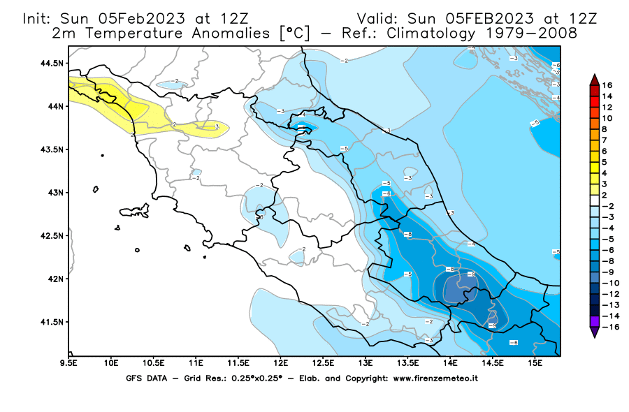 Mappa di analisi GFS - Anomalia Temperatura [°C] a 2 m in Centro-Italia
							del 05/02/2023 12 <!--googleoff: index-->UTC<!--googleon: index-->