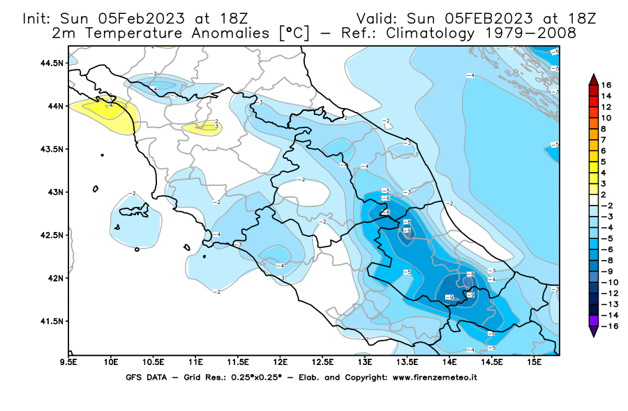 Mappa di analisi GFS - Anomalia Temperatura [°C] a 2 m in Centro-Italia
							del 05/02/2023 18 <!--googleoff: index-->UTC<!--googleon: index-->