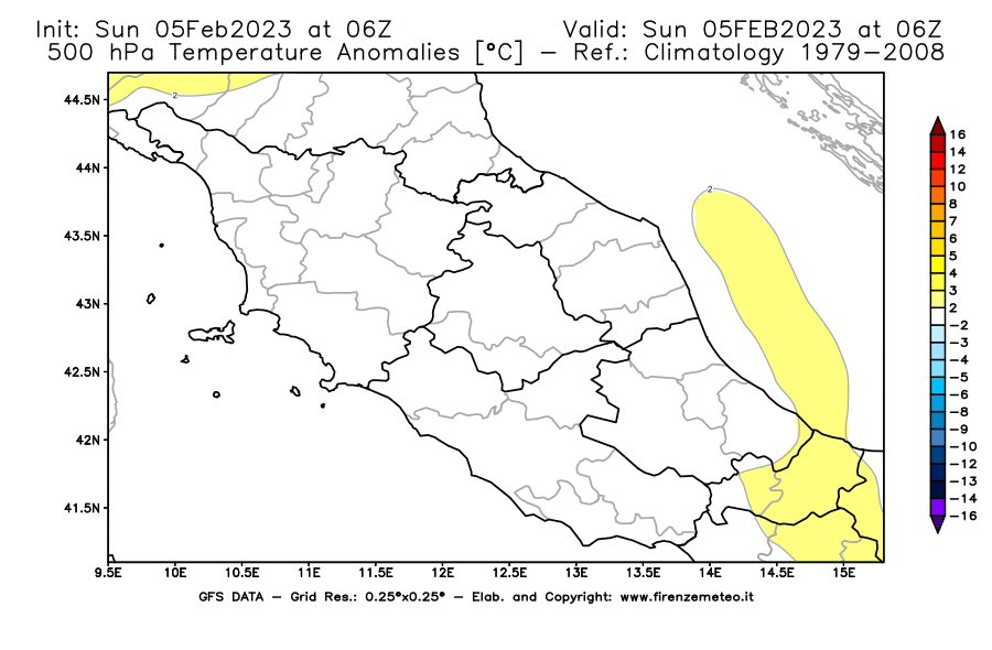 Mappa di analisi GFS - Anomalia Temperatura [°C] a 500 hPa in Centro-Italia
							del 05/02/2023 06 <!--googleoff: index-->UTC<!--googleon: index-->