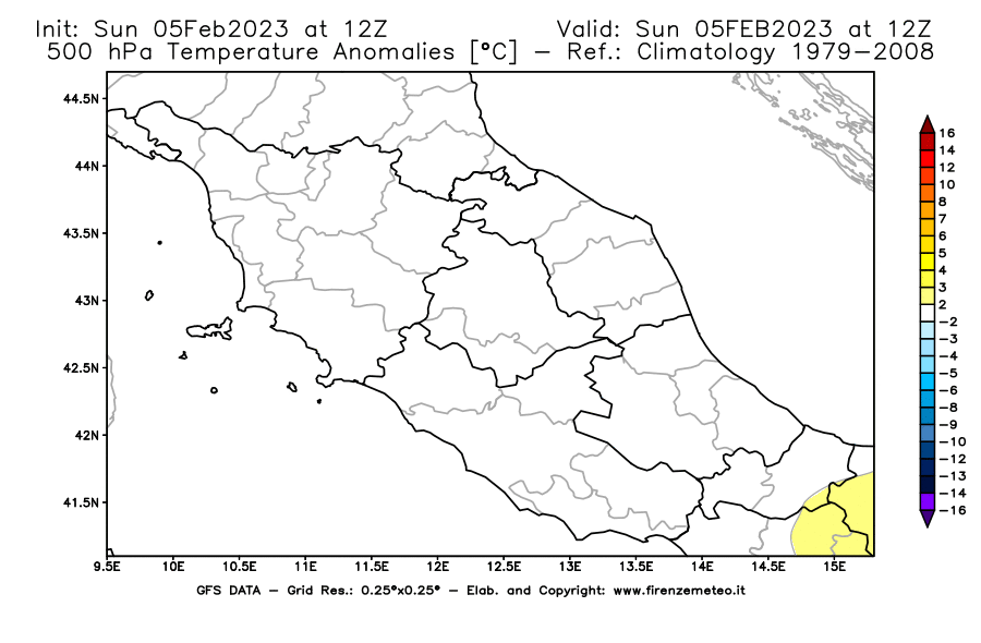 Mappa di analisi GFS - Anomalia Temperatura [°C] a 500 hPa in Centro-Italia
							del 05/02/2023 12 <!--googleoff: index-->UTC<!--googleon: index-->