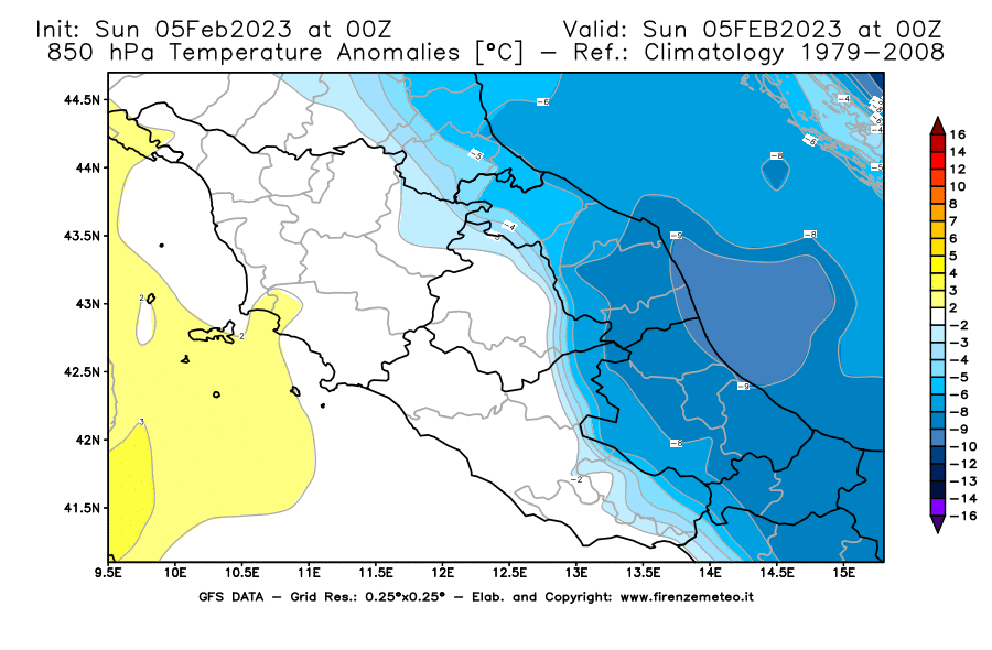 Mappa di analisi GFS - Anomalia Temperatura [°C] a 850 hPa in Centro-Italia
							del 05/02/2023 00 <!--googleoff: index-->UTC<!--googleon: index-->