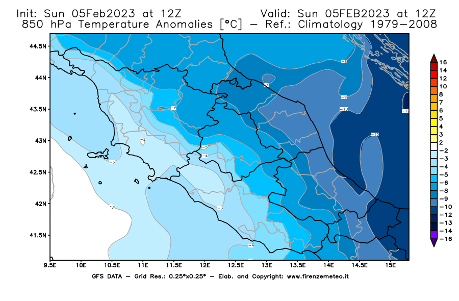 Mappa di analisi GFS - Anomalia Temperatura [°C] a 850 hPa in Centro-Italia
							del 05/02/2023 12 <!--googleoff: index-->UTC<!--googleon: index-->