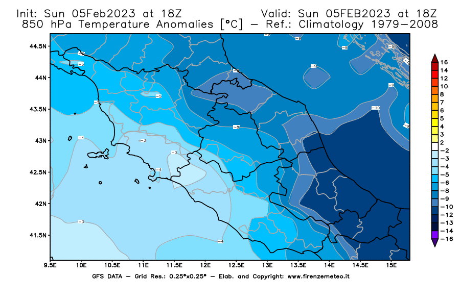 Mappa di analisi GFS - Anomalia Temperatura [°C] a 850 hPa in Centro-Italia
							del 05/02/2023 18 <!--googleoff: index-->UTC<!--googleon: index-->