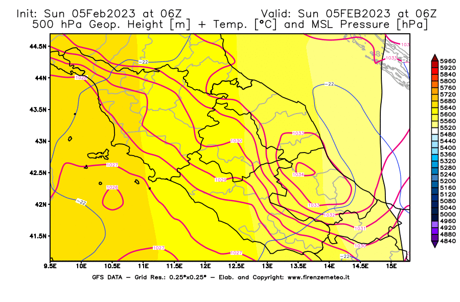 Mappa di analisi GFS - Geopotenziale [m] + Temp. [°C] a 500 hPa + Press. a livello del mare [hPa] in Centro-Italia
							del 05/02/2023 06 <!--googleoff: index-->UTC<!--googleon: index-->
