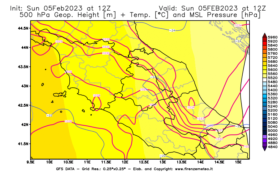 Mappa di analisi GFS - Geopotenziale [m] + Temp. [°C] a 500 hPa + Press. a livello del mare [hPa] in Centro-Italia
							del 05/02/2023 12 <!--googleoff: index-->UTC<!--googleon: index-->