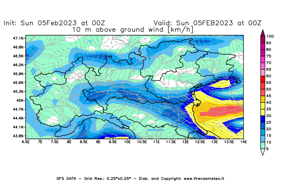 Mappa di analisi GFS - Velocità del vento a 10 metri dal suolo [km/h] in Nord-Italia
							del 05/02/2023 00 <!--googleoff: index-->UTC<!--googleon: index-->
