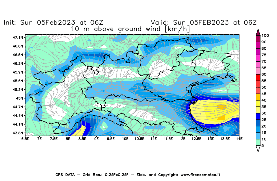 Mappa di analisi GFS - Velocità del vento a 10 metri dal suolo [km/h] in Nord-Italia
							del 05/02/2023 06 <!--googleoff: index-->UTC<!--googleon: index-->