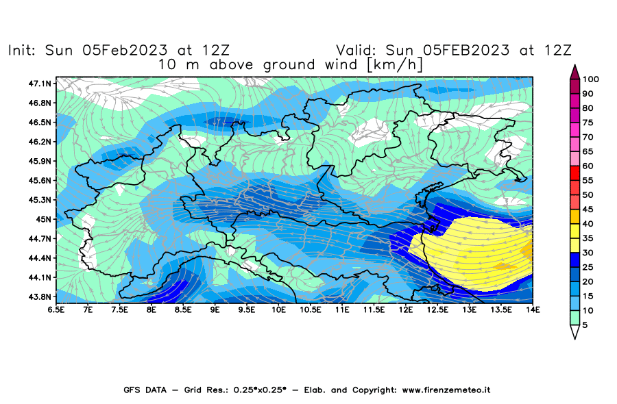Mappa di analisi GFS - Velocità del vento a 10 metri dal suolo [km/h] in Nord-Italia
							del 05/02/2023 12 <!--googleoff: index-->UTC<!--googleon: index-->