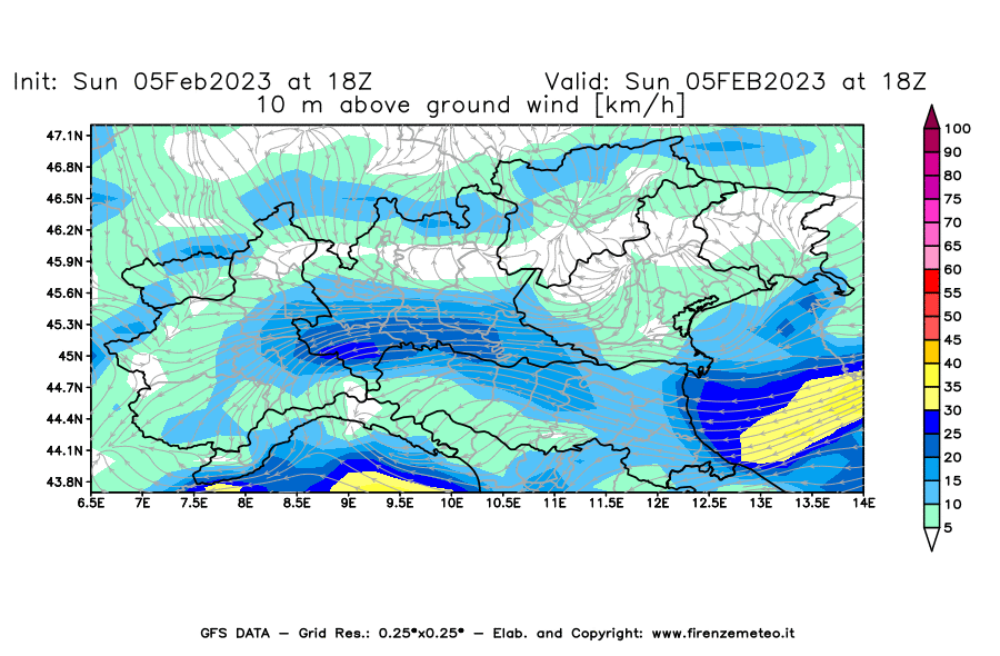 Mappa di analisi GFS - Velocità del vento a 10 metri dal suolo [km/h] in Nord-Italia
							del 05/02/2023 18 <!--googleoff: index-->UTC<!--googleon: index-->