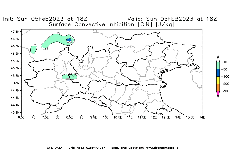 Mappa di analisi GFS - CIN [J/kg] in Nord-Italia
							del 05/02/2023 18 <!--googleoff: index-->UTC<!--googleon: index-->