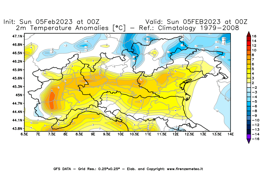 GFS analysi map - Temperature Anomalies [°C] at 2 m in Northern Italy
									on 05/02/2023 00 <!--googleoff: index-->UTC<!--googleon: index-->