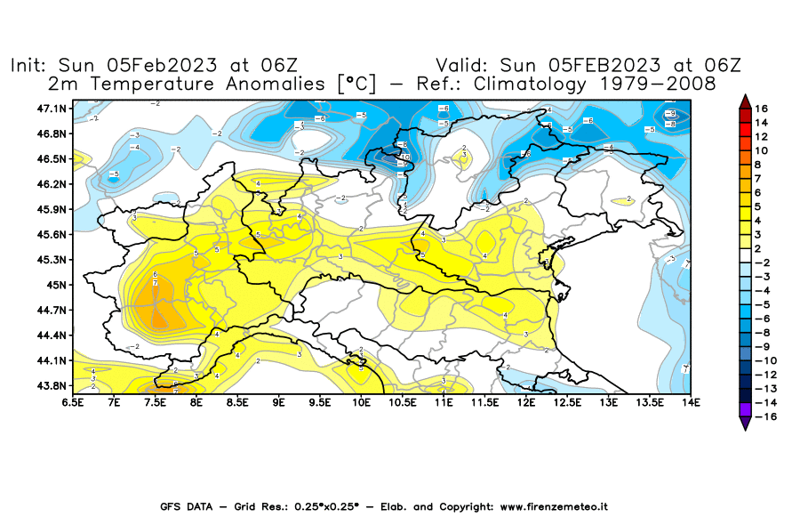 Mappa di analisi GFS - Anomalia Temperatura [°C] a 2 m in Nord-Italia
							del 05/02/2023 06 <!--googleoff: index-->UTC<!--googleon: index-->