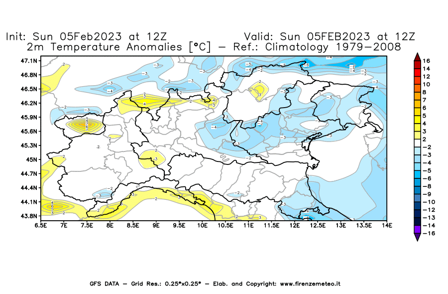 Mappa di analisi GFS - Anomalia Temperatura [°C] a 2 m in Nord-Italia
							del 05/02/2023 12 <!--googleoff: index-->UTC<!--googleon: index-->