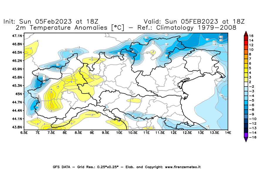 Mappa di analisi GFS - Anomalia Temperatura [°C] a 2 m in Nord-Italia
							del 05/02/2023 18 <!--googleoff: index-->UTC<!--googleon: index-->