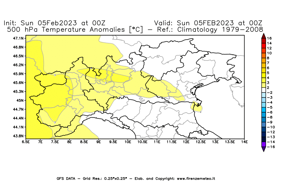 GFS analysi map - Temperature Anomalies [°C] at 500 hPa in Northern Italy
									on 05/02/2023 00 <!--googleoff: index-->UTC<!--googleon: index-->