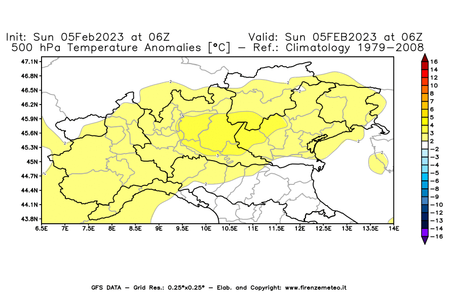 Mappa di analisi GFS - Anomalia Temperatura [°C] a 500 hPa in Nord-Italia
							del 05/02/2023 06 <!--googleoff: index-->UTC<!--googleon: index-->