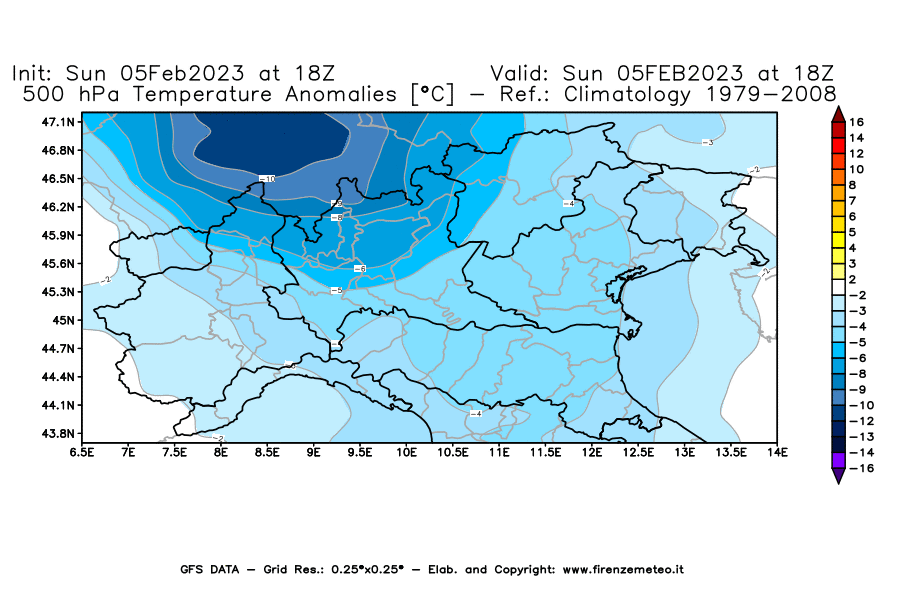 Mappa di analisi GFS - Anomalia Temperatura [°C] a 500 hPa in Nord-Italia
							del 05/02/2023 18 <!--googleoff: index-->UTC<!--googleon: index-->