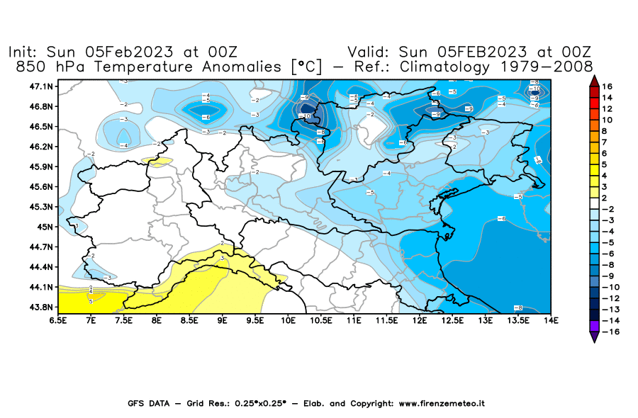Mappa di analisi GFS - Anomalia Temperatura [°C] a 850 hPa in Nord-Italia
							del 05/02/2023 00 <!--googleoff: index-->UTC<!--googleon: index-->