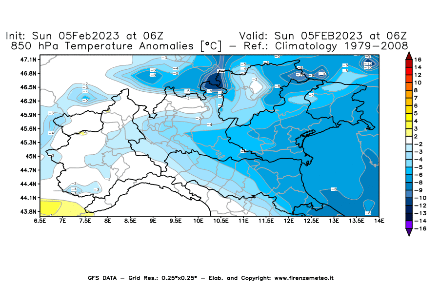 Mappa di analisi GFS - Anomalia Temperatura [°C] a 850 hPa in Nord-Italia
							del 05/02/2023 06 <!--googleoff: index-->UTC<!--googleon: index-->