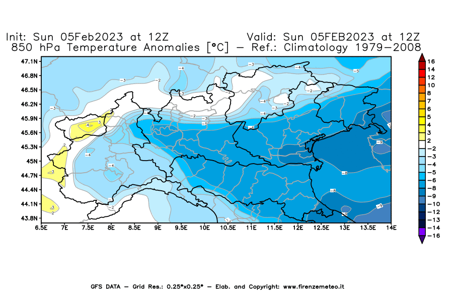 Mappa di analisi GFS - Anomalia Temperatura [°C] a 850 hPa in Nord-Italia
							del 05/02/2023 12 <!--googleoff: index-->UTC<!--googleon: index-->