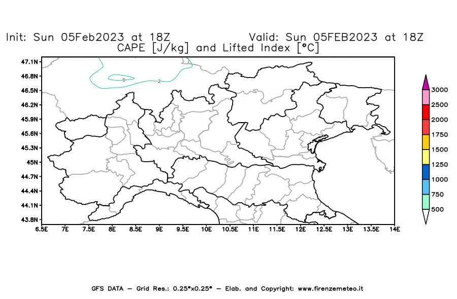 Mappa di analisi GFS - CAPE [J/kg] e Lifted Index [°C] in Nord-Italia
							del 05/02/2023 18 <!--googleoff: index-->UTC<!--googleon: index-->