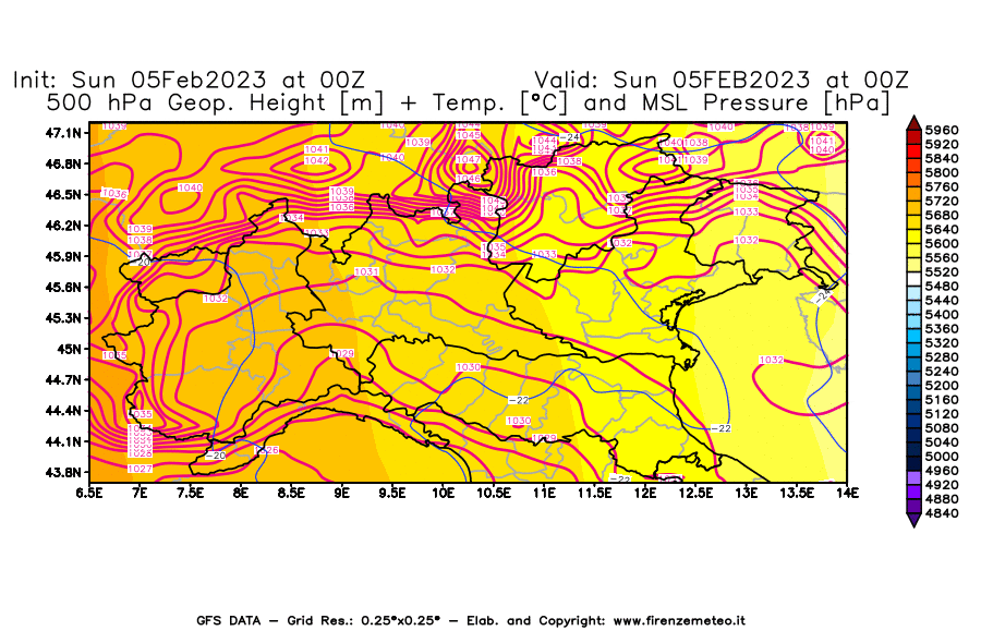 Mappa di analisi GFS - Geopotenziale [m] + Temp. [°C] a 500 hPa + Press. a livello del mare [hPa] in Nord-Italia
							del 05/02/2023 00 <!--googleoff: index-->UTC<!--googleon: index-->