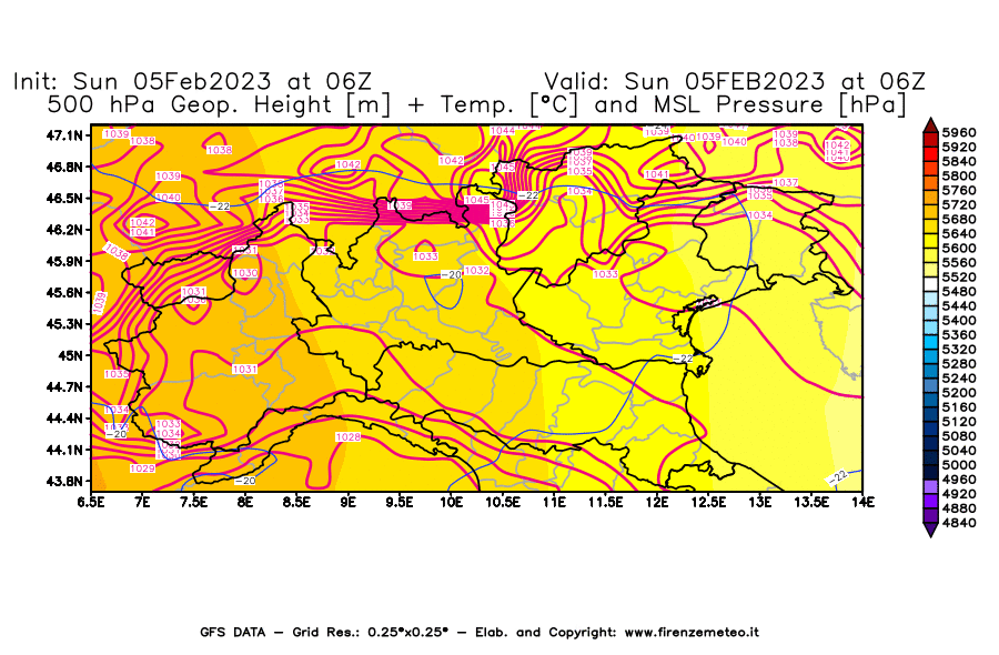 Mappa di analisi GFS - Geopotenziale [m] + Temp. [°C] a 500 hPa + Press. a livello del mare [hPa] in Nord-Italia
							del 05/02/2023 06 <!--googleoff: index-->UTC<!--googleon: index-->