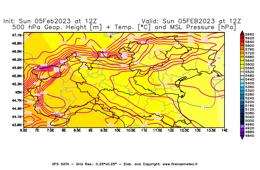 Mappa di analisi GFS - Geopotenziale [m] + Temp. [°C] a 500 hPa + Press. a livello del mare [hPa] in Nord-Italia
							del 05/02/2023 12 <!--googleoff: index-->UTC<!--googleon: index-->