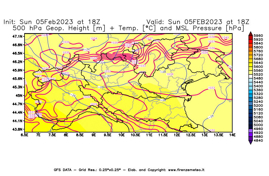 Mappa di analisi GFS - Geopotenziale [m] + Temp. [°C] a 500 hPa + Press. a livello del mare [hPa] in Nord-Italia
							del 05/02/2023 18 <!--googleoff: index-->UTC<!--googleon: index-->