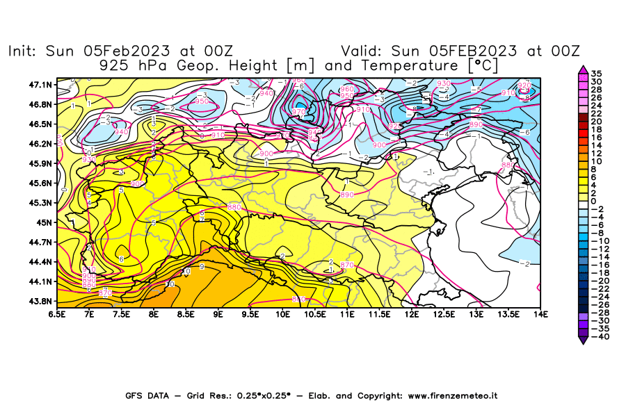 GFS analysi map - Geopotential [m] and Temperature [°C] at 925 hPa in Northern Italy
									on 05/02/2023 00 <!--googleoff: index-->UTC<!--googleon: index-->