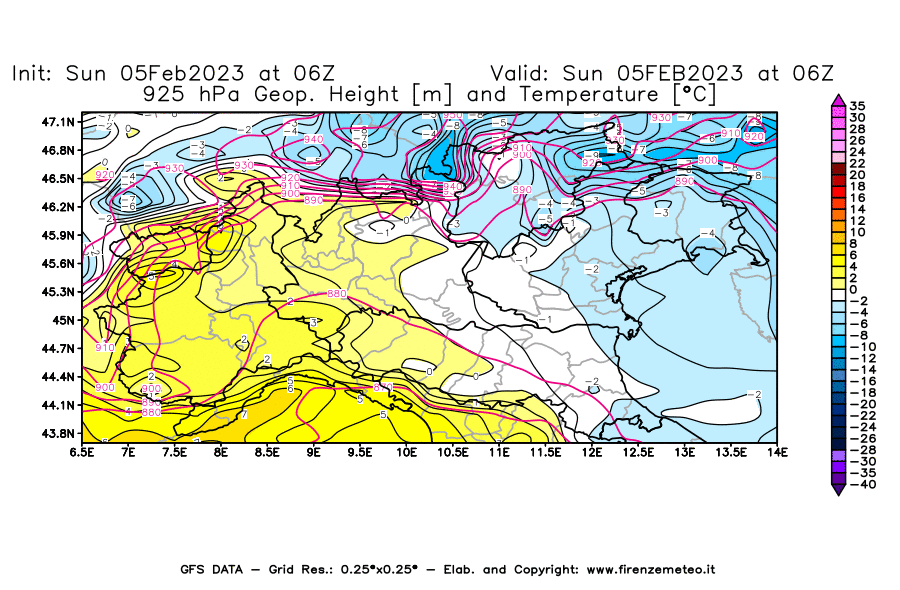 Mappa di analisi GFS - Geopotenziale [m] e Temperatura [°C] a 925 hPa in Nord-Italia
							del 05/02/2023 06 <!--googleoff: index-->UTC<!--googleon: index-->