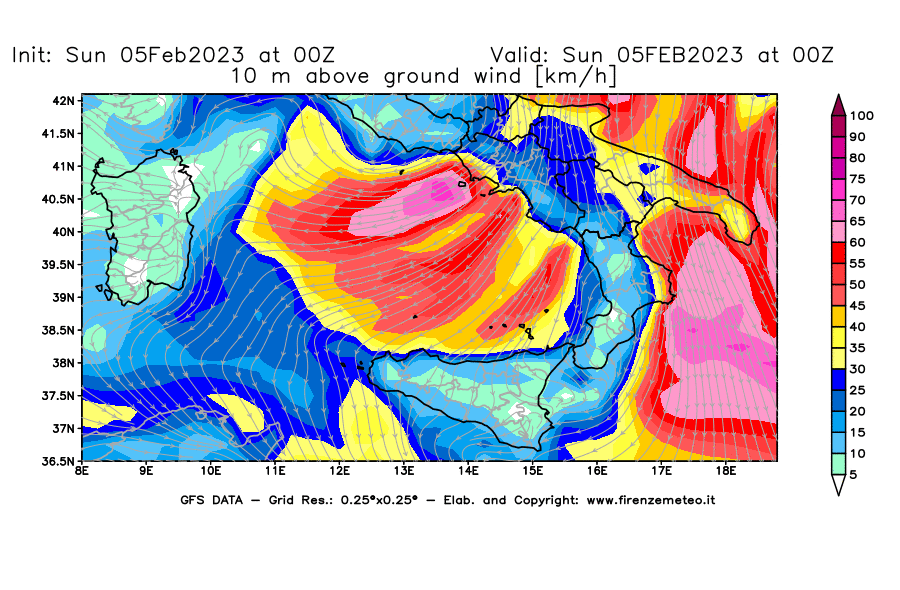 GFS analysi map - Wind Speed at 10 m above ground [km/h] in Southern Italy
									on 05/02/2023 00 <!--googleoff: index-->UTC<!--googleon: index-->