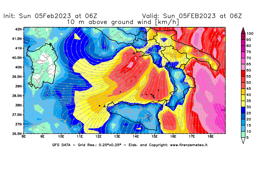 Mappa di analisi GFS - Velocità del vento a 10 metri dal suolo [km/h] in Sud-Italia
							del 05/02/2023 06 <!--googleoff: index-->UTC<!--googleon: index-->