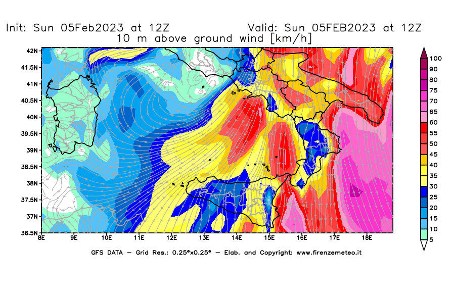 Mappa di analisi GFS - Velocità del vento a 10 metri dal suolo [km/h] in Sud-Italia
							del 05/02/2023 12 <!--googleoff: index-->UTC<!--googleon: index-->