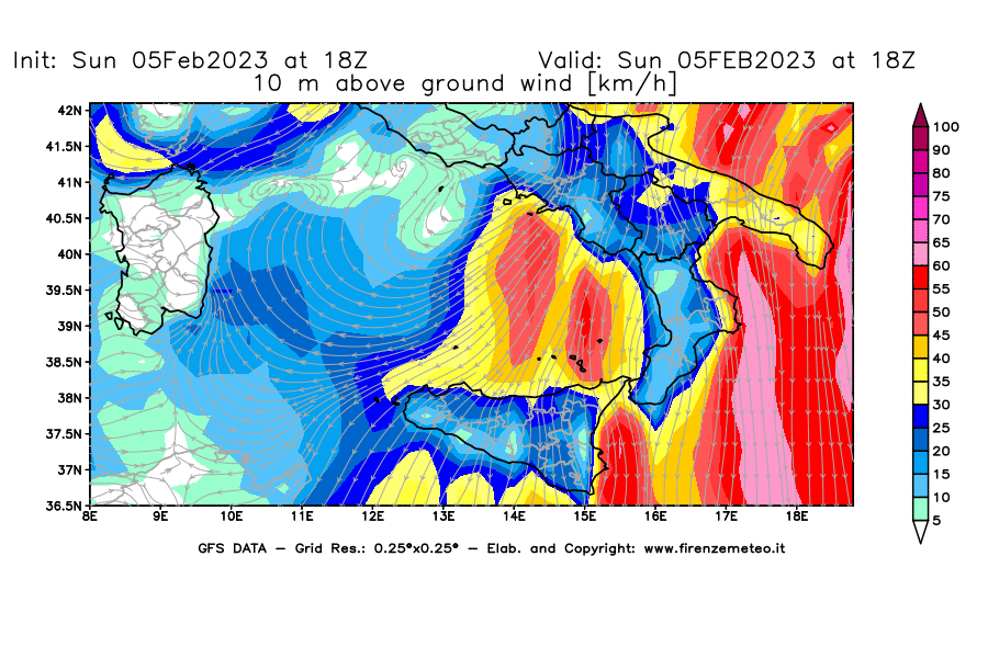 Mappa di analisi GFS - Velocità del vento a 10 metri dal suolo [km/h] in Sud-Italia
							del 05/02/2023 18 <!--googleoff: index-->UTC<!--googleon: index-->