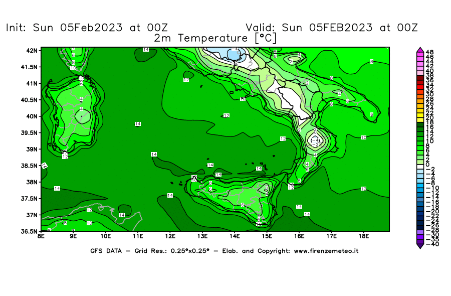 GFS analysi map - Temperature at 2 m above ground [°C] in Southern Italy
									on 05/02/2023 00 <!--googleoff: index-->UTC<!--googleon: index-->