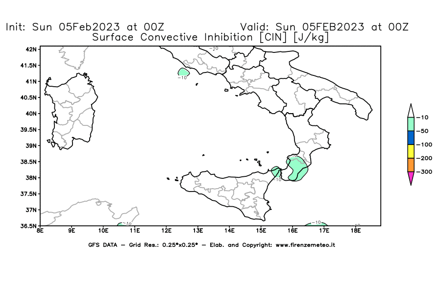 Mappa di analisi GFS - CIN [J/kg] in Sud-Italia
							del 05/02/2023 00 <!--googleoff: index-->UTC<!--googleon: index-->