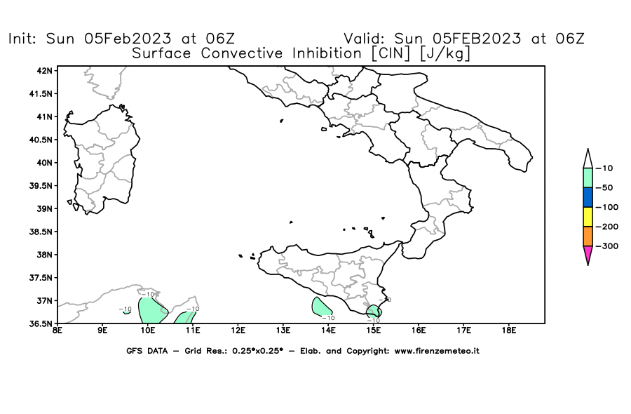 Mappa di analisi GFS - CIN [J/kg] in Sud-Italia
							del 05/02/2023 06 <!--googleoff: index-->UTC<!--googleon: index-->