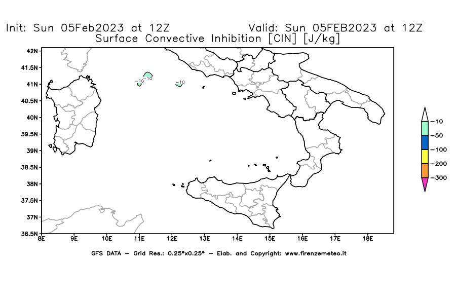 Mappa di analisi GFS - CIN [J/kg] in Sud-Italia
							del 05/02/2023 12 <!--googleoff: index-->UTC<!--googleon: index-->