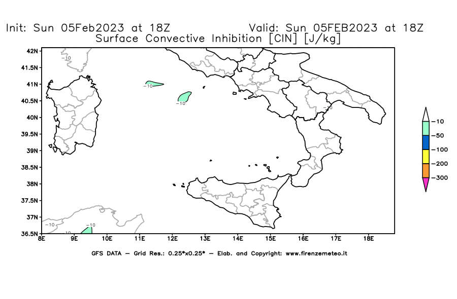 Mappa di analisi GFS - CIN [J/kg] in Sud-Italia
							del 05/02/2023 18 <!--googleoff: index-->UTC<!--googleon: index-->