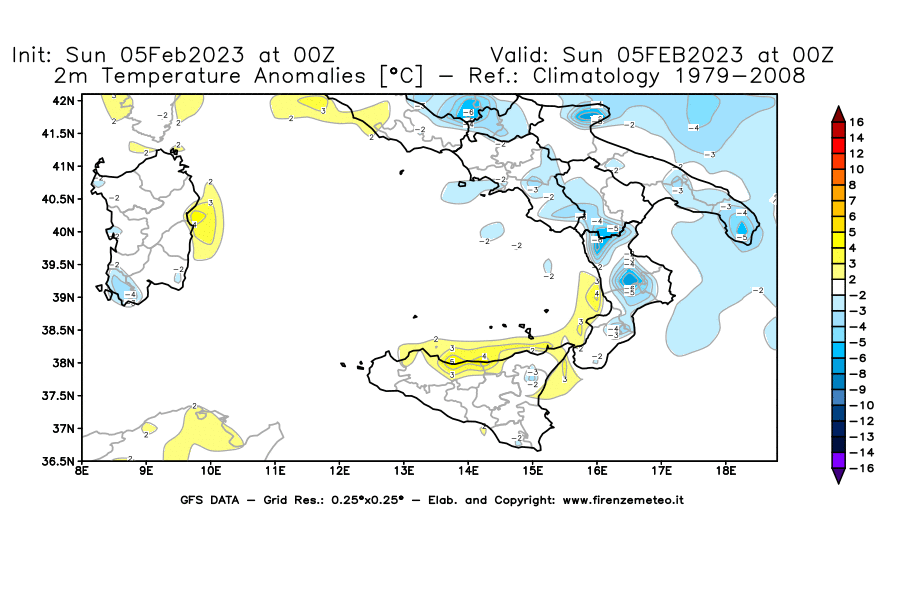 GFS analysi map - Temperature Anomalies [°C] at 2 m in Southern Italy
									on 05/02/2023 00 <!--googleoff: index-->UTC<!--googleon: index-->