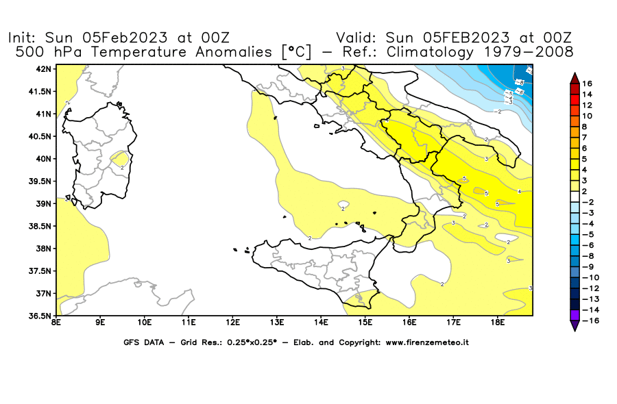GFS analysi map - Temperature Anomalies [°C] at 500 hPa in Southern Italy
									on 05/02/2023 00 <!--googleoff: index-->UTC<!--googleon: index-->