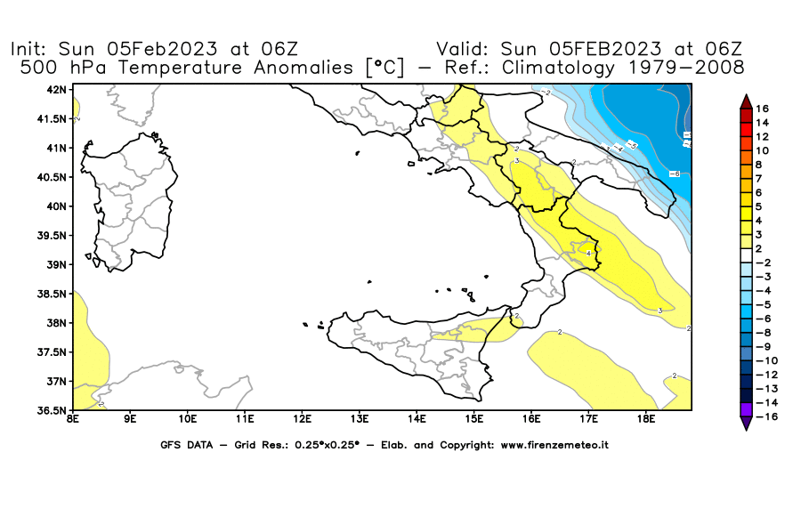 Mappa di analisi GFS - Anomalia Temperatura [°C] a 500 hPa in Sud-Italia
							del 05/02/2023 06 <!--googleoff: index-->UTC<!--googleon: index-->