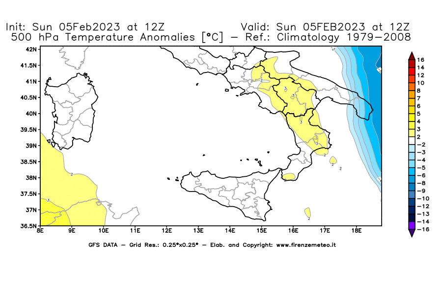 Mappa di analisi GFS - Anomalia Temperatura [°C] a 500 hPa in Sud-Italia
							del 05/02/2023 12 <!--googleoff: index-->UTC<!--googleon: index-->